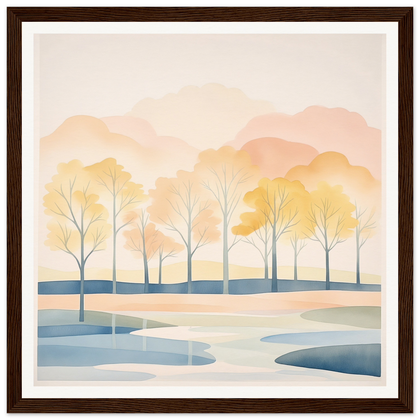 Watercolor landscape of bare trees by water at sunset in Pastel Daydreams Reflections