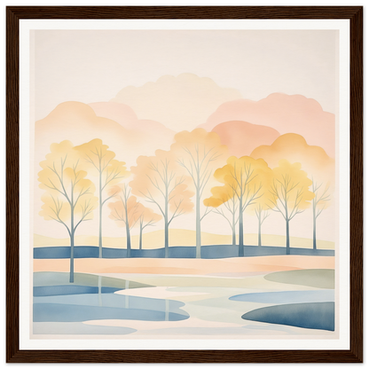 Watercolor landscape of bare trees by water at sunset in Pastel Daydreams Reflections