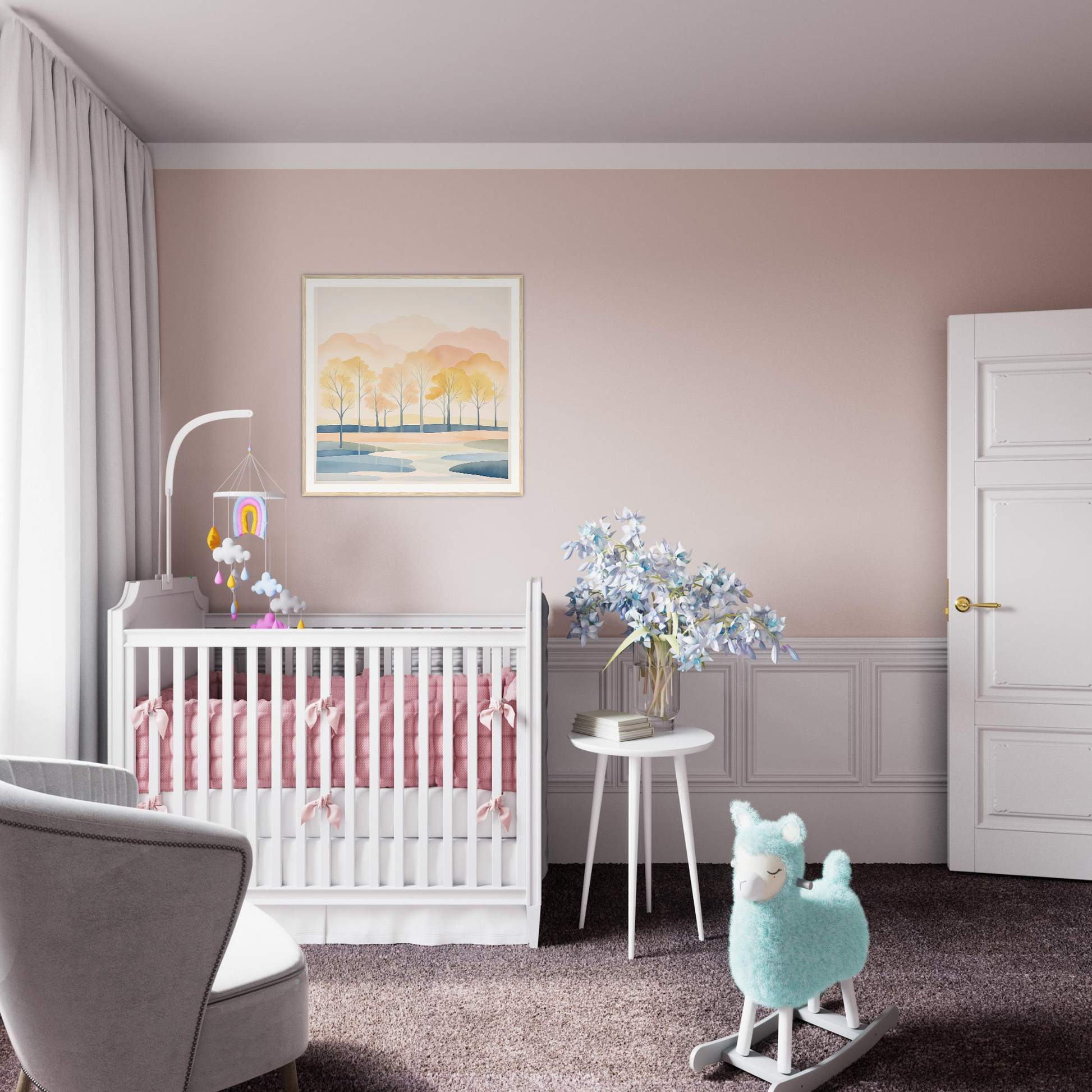 White wooden crib with pink bedding from Pastel Daydreams Reflections special edition