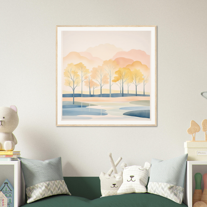 Framed watercolor of trees and water at sunset in the Pastel Daydreams Reflections series