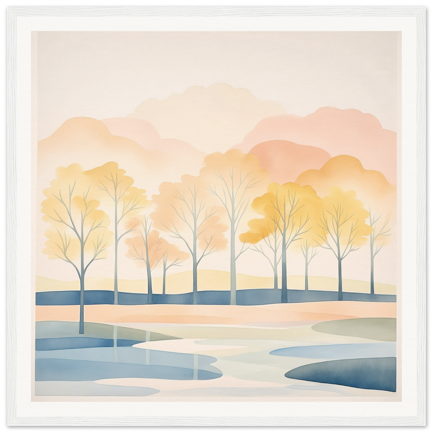 Watercolor landscape of bare trees by a winding river at sunset, Pastel Daydreams Reflections