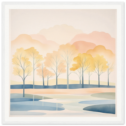 Watercolor landscape of bare trees by a winding river at sunset, Pastel Daydreams Reflections