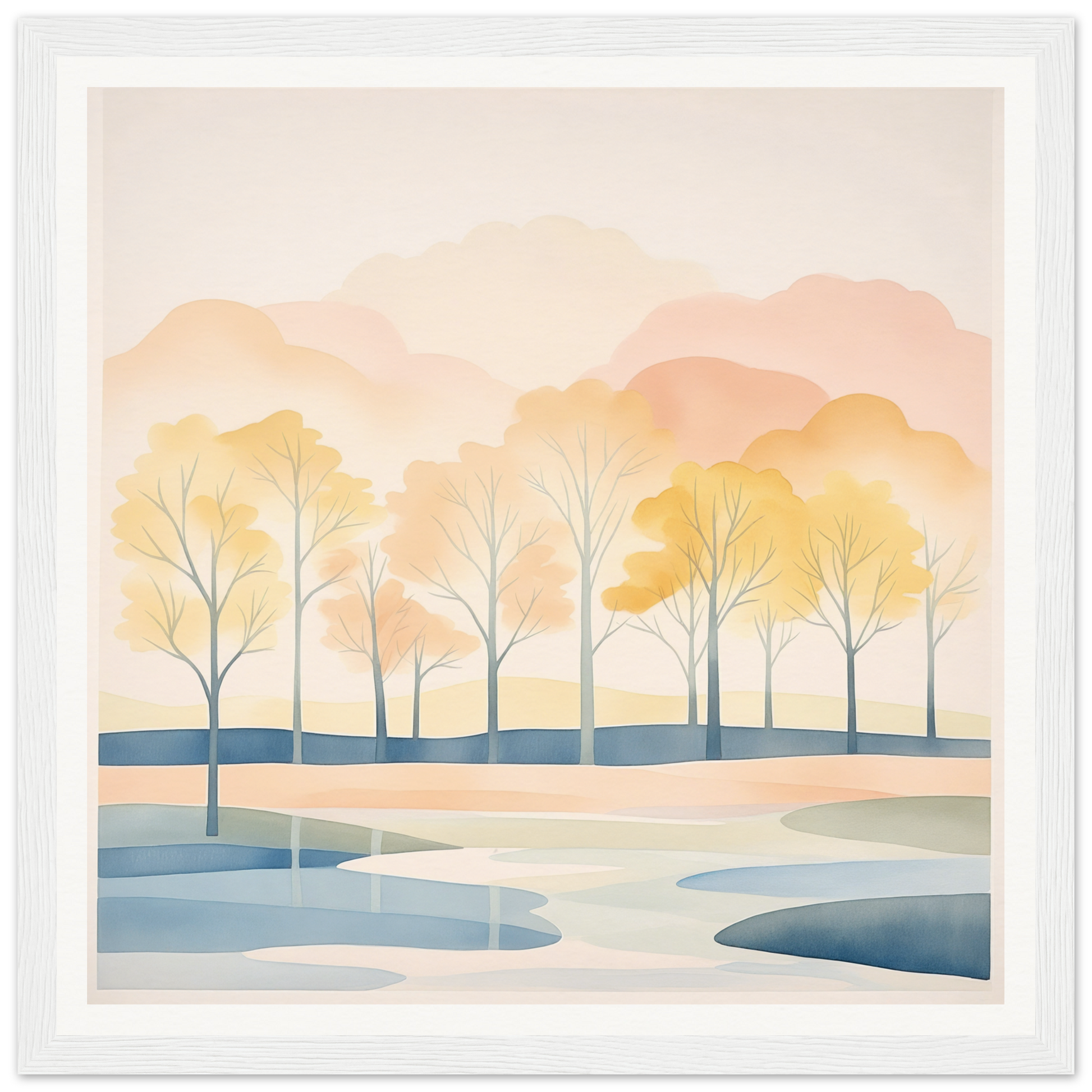 Watercolor landscape of bare trees by a river at sunset from Pastel Daydreams Reflections