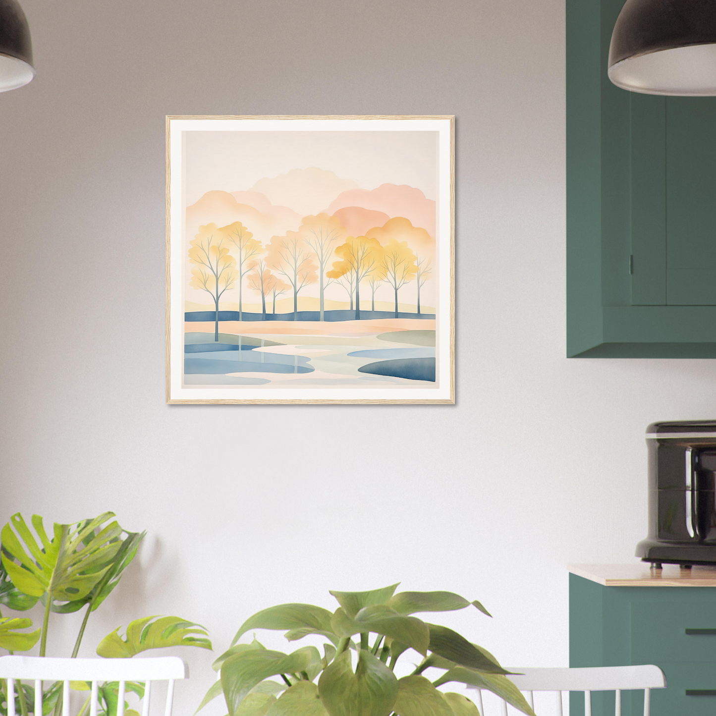 Framed watercolor of waterfront trees at sunset from the Pastel Daydreams Reflections collection