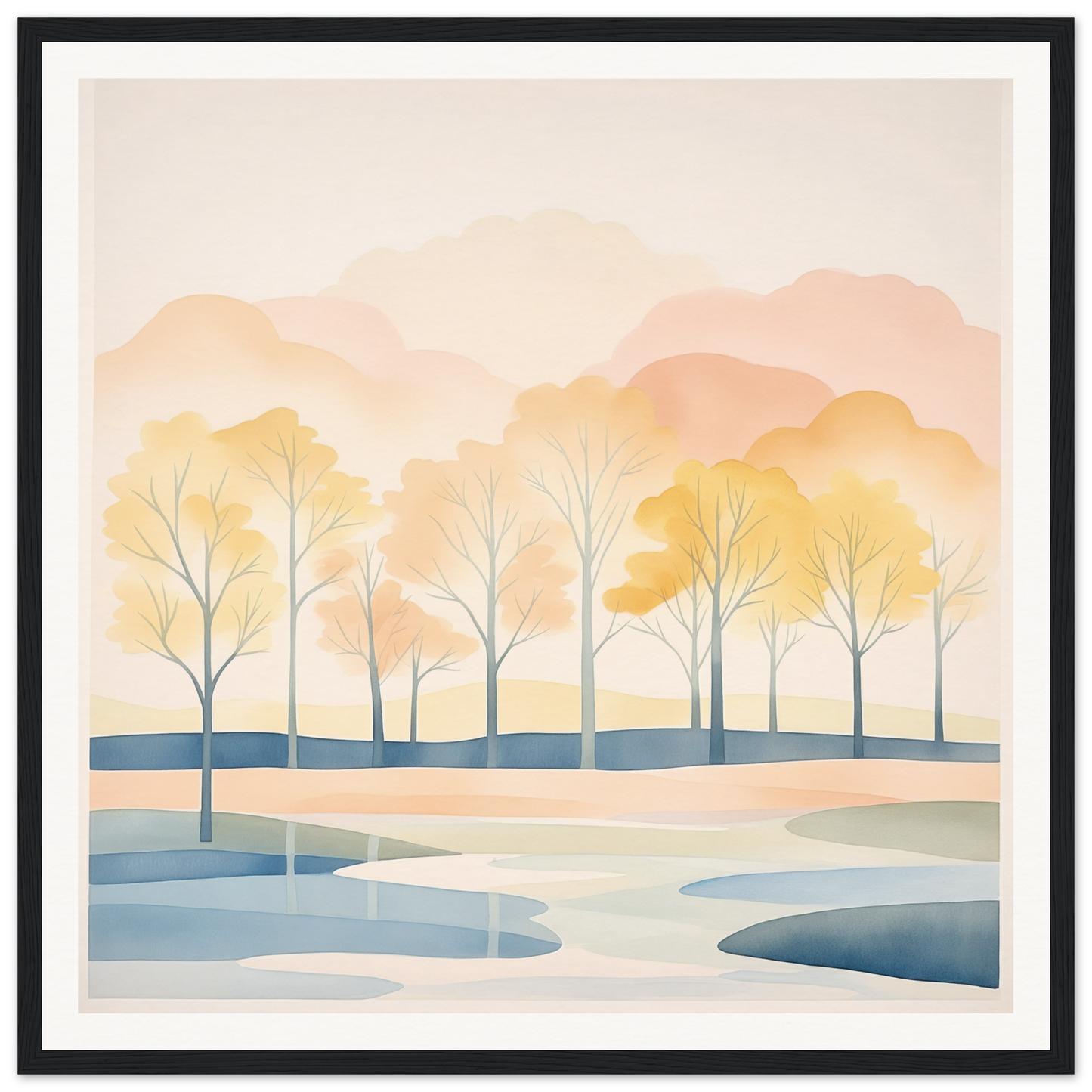 Watercolor landscape of bare trees by a sunset river in Pastel Daydreams Reflections