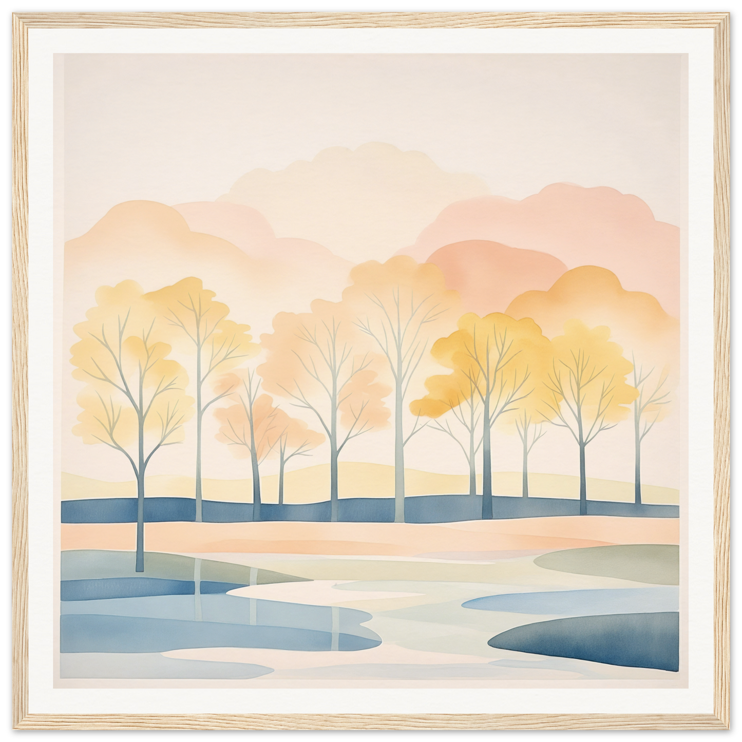 Watercolor landscape of bare trees by a winding river at sunset from Pastel Daydreams Reflections