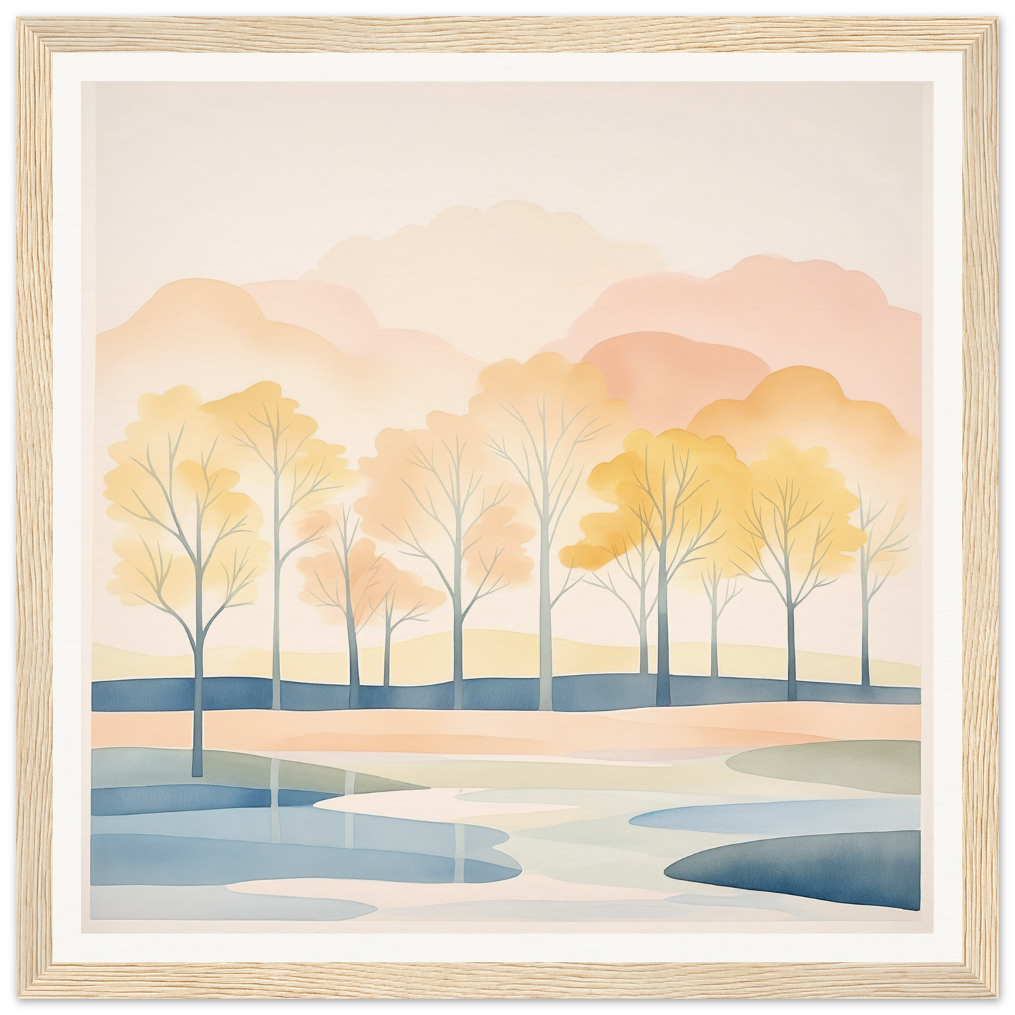 Watercolor landscape painting of trees and ponds in pastel Daydreams Reflections