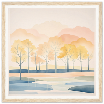 Watercolor landscape painting of trees and ponds in pastel Daydreams Reflections