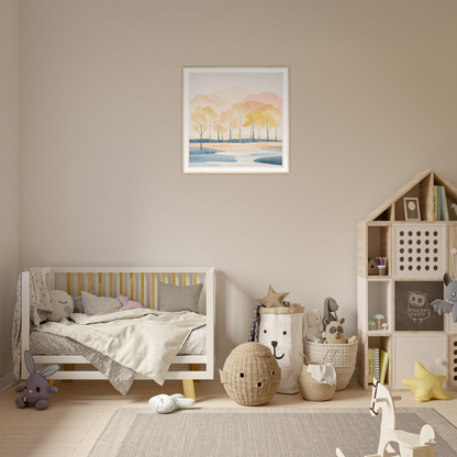 Wooden toddler bed with gray bedding from the Pastel Daydreams Reflections special edition