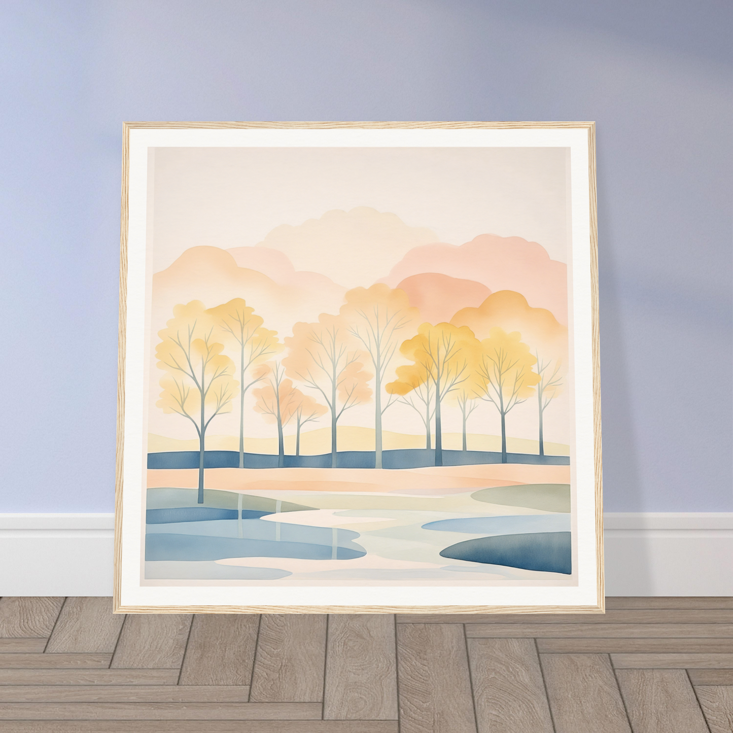 Framed watercolor painting of bare trees by a river, showcasing Pastel Daydreams Reflections