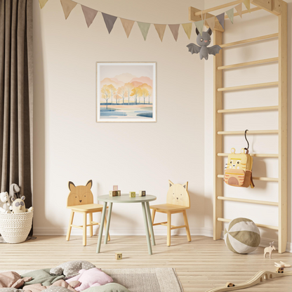 Children’s play area featuring animal-themed chairs and mint green table, Pastel Daydreams Reflections