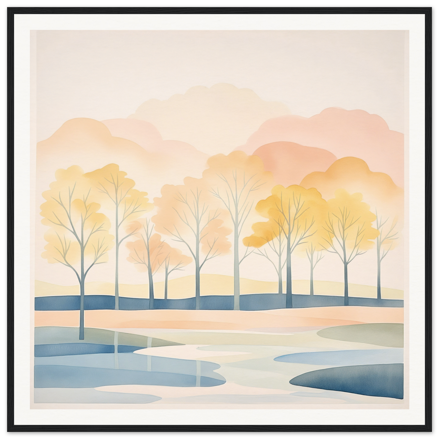 Watercolor landscape of bare trees by a winding river at sunset for Pastel Daydreams Reflections