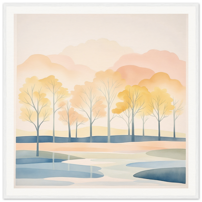 Watercolor landscape of bare trees by a winding river at sunset from Pastel Daydreams Reflections