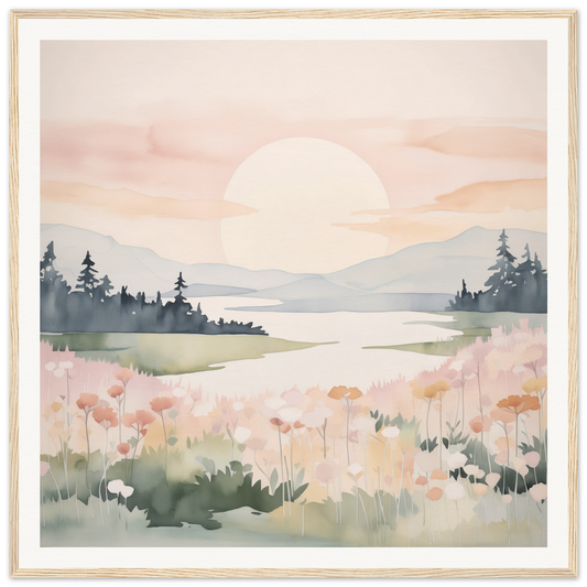 Watercolor painting of a sunset over a lake with wildflowers, Pastel Ego Horizon