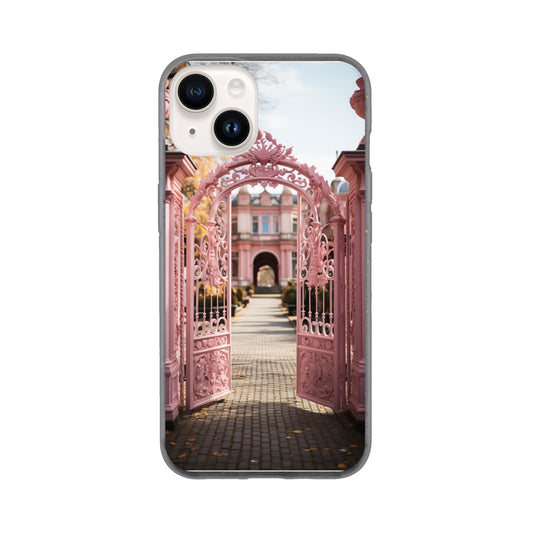 IPhone case featuring a photograph of ornate pink gates opening to a courtyard.