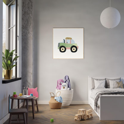 Framed illustration of a green tractor for Pastel Journey Dance decor