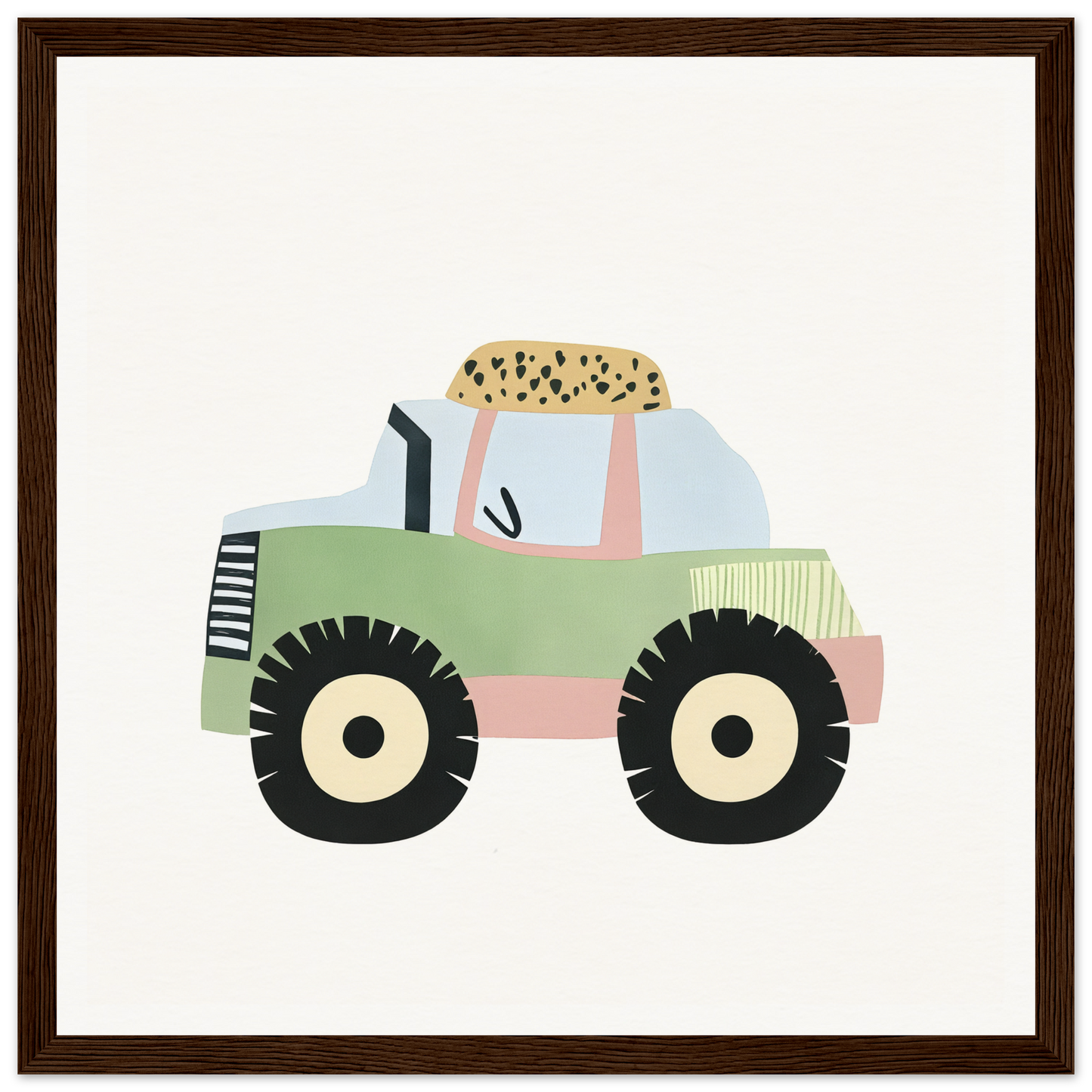 Green and pink tractor with black wheels carrying spotted cargo for Pastel Journey Dance