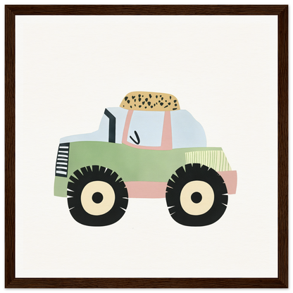 Green and pink tractor with black wheels carrying spotted cargo for Pastel Journey Dance