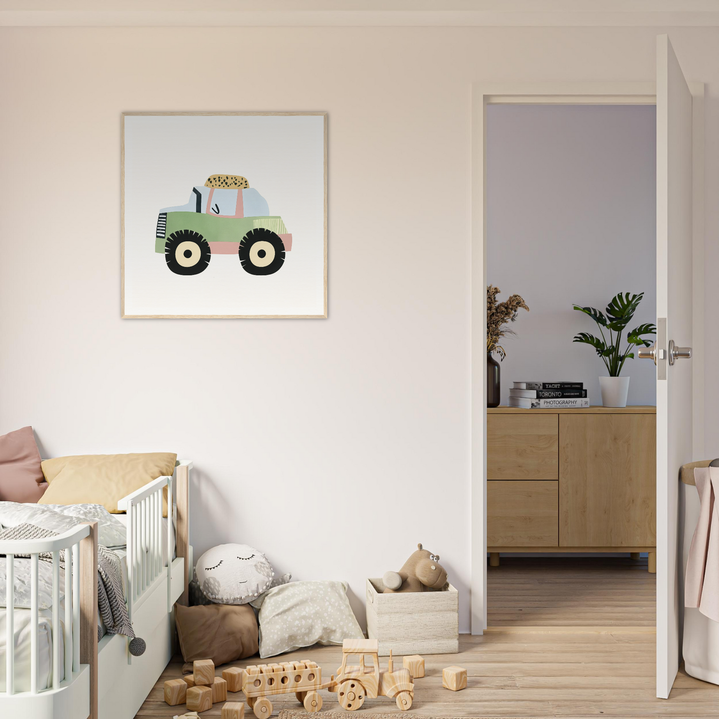 Green tractor with yellow accents in a white frame for Pastel Journey Dance