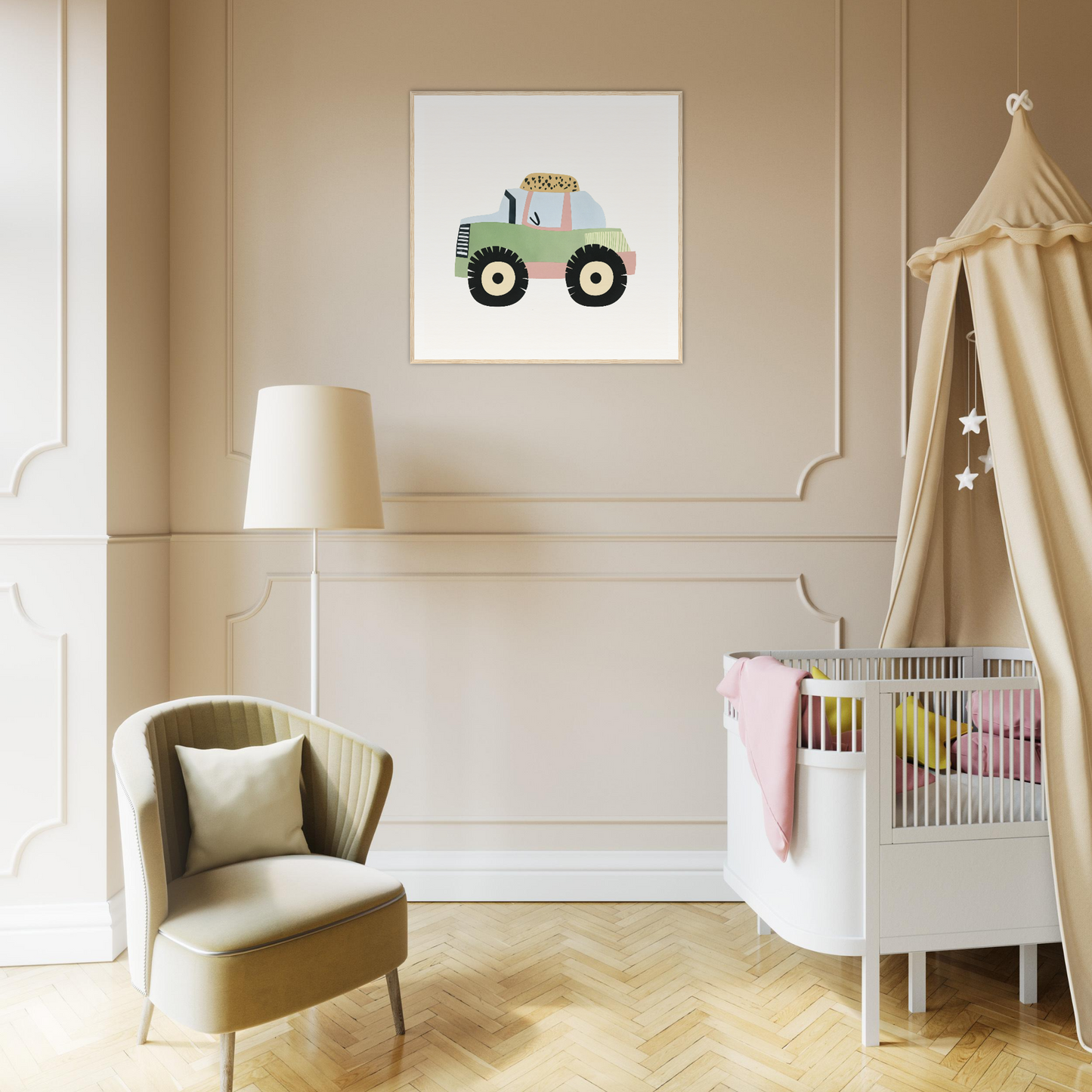 Framed illustration of a green tractor for Pastel Journey Dance decor