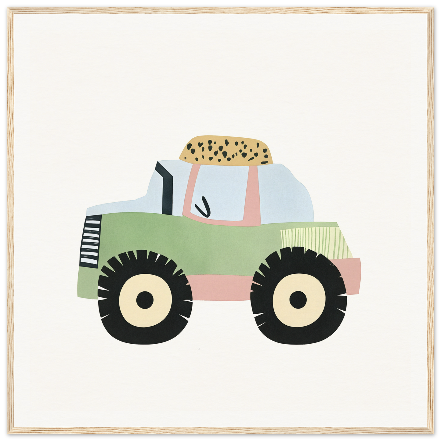 Green tractor with bunny ears and spotted cargo in Pastel Journey Dance imagery