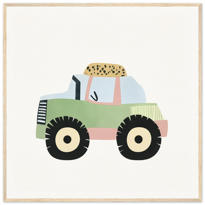 Green tractor with bunny ears and spotted cargo in Pastel Journey Dance imagery