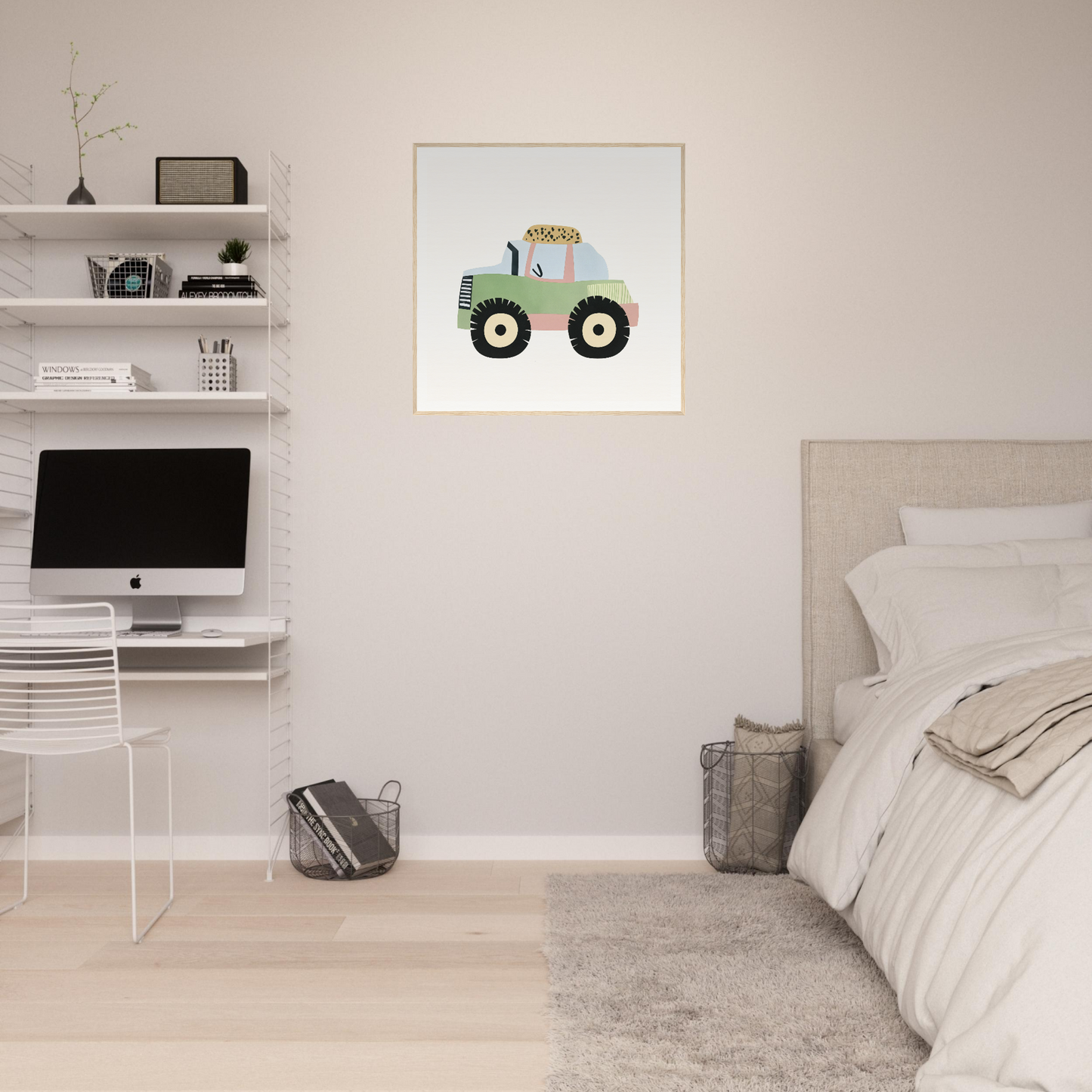 Framed artwork featuring a mint green monster truck for Pastel Journey Dance