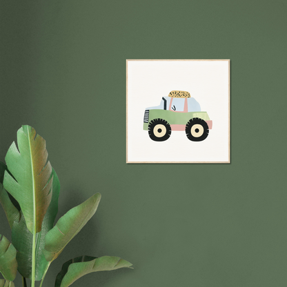 Cartoon illustration of a mint green tractor with yellow hay bales for Pastel Journey Dance