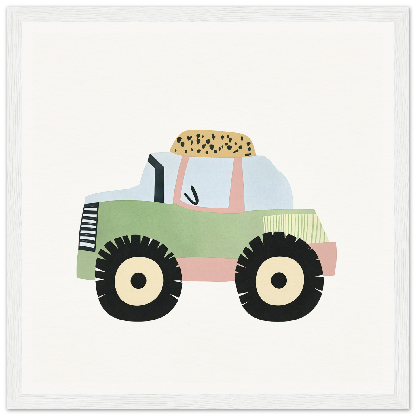 Green and pink tractor with black wheels atop a spotted design in Pastel Journey Dance