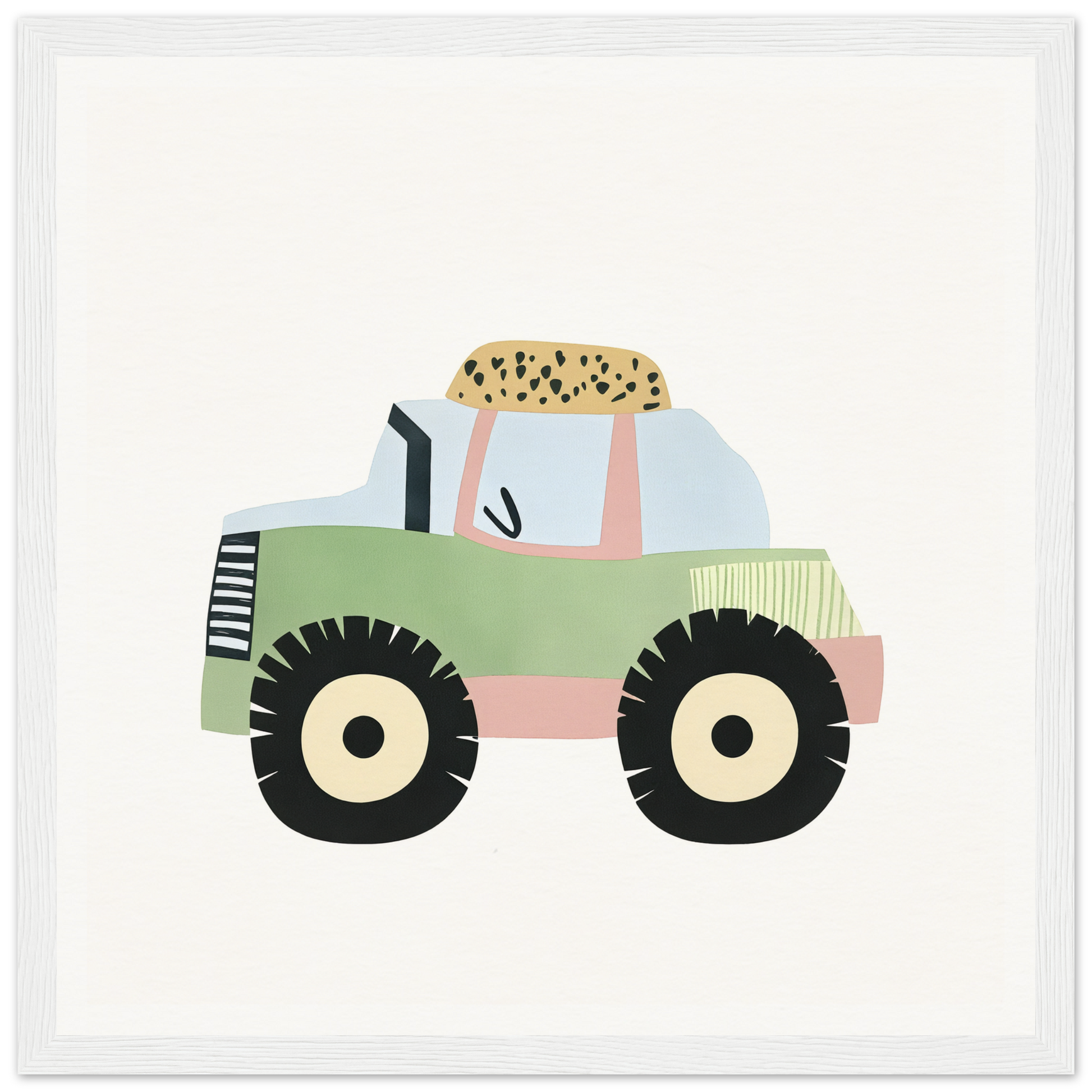 Green and pink tractor with black wheels atop a spotted design in Pastel Journey Dance