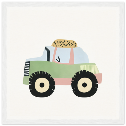 Green and pink tractor with black wheels atop a spotted design in Pastel Journey Dance