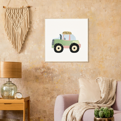 Simple cartoon of a mint green tractor with oversized wheels for Pastel Journey Dance