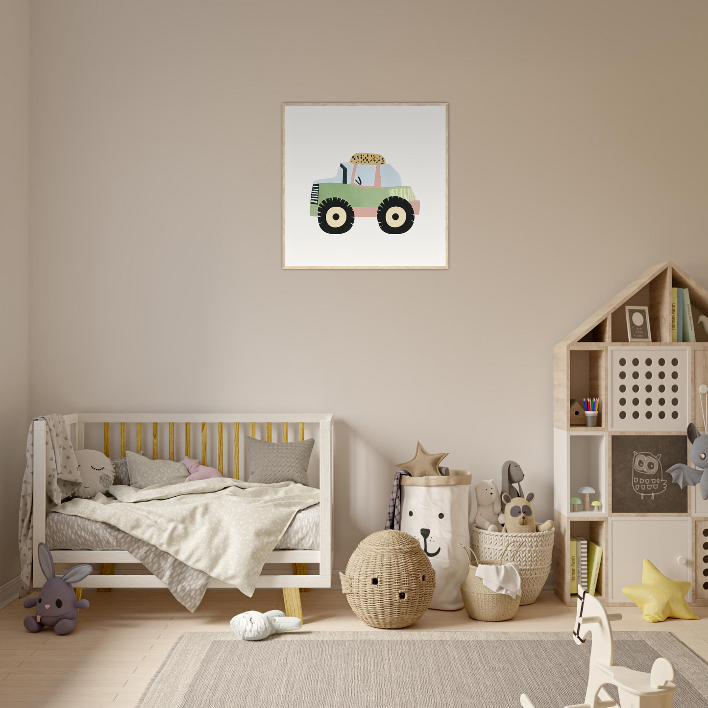 Cozy nursery with tractor artwork above crib in neutral tones for Pastel Journey Dance