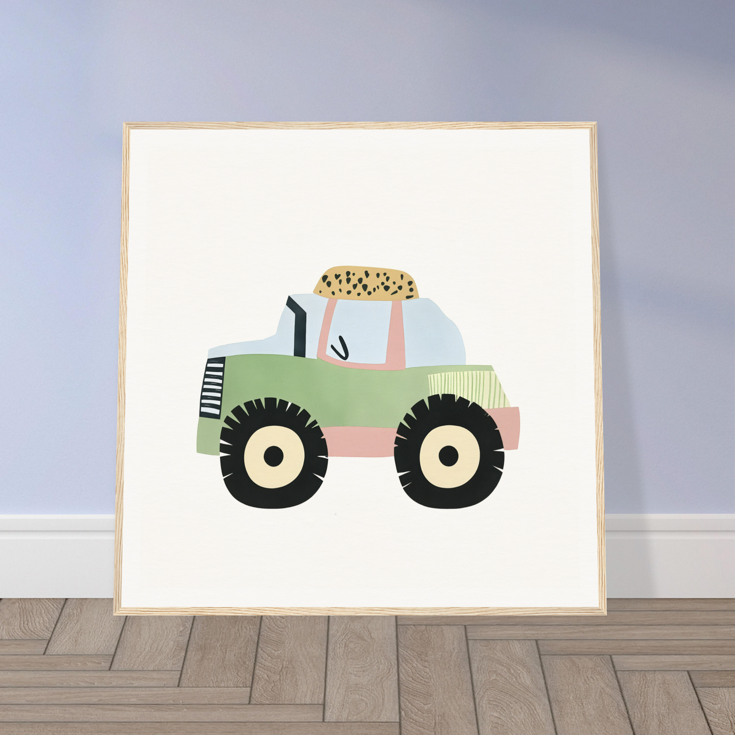 Mint green and pink cartoon tractor carrying popcorn in Pastel Journey Dance design