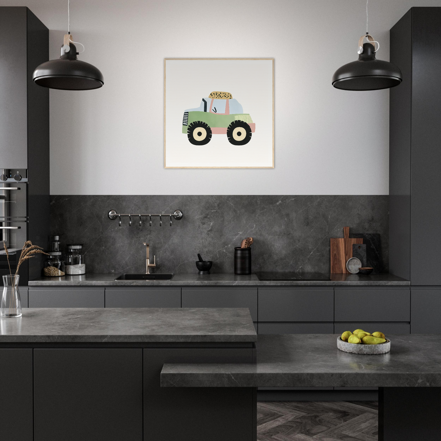 Modern dark kitchen featuring whimsical tractor artwork with Pastel Journey Dance theme