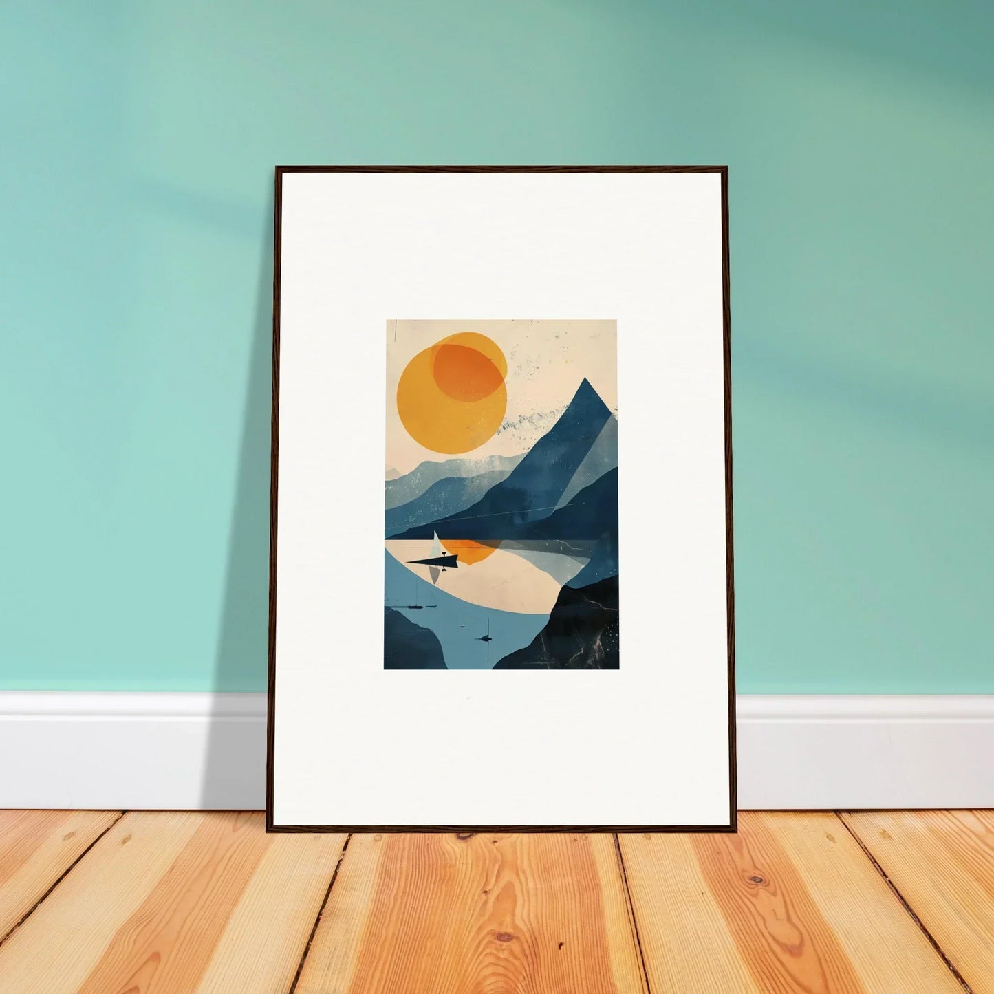 Framed wall art featuring a minimalist landscape with mountains and a sun for room decor