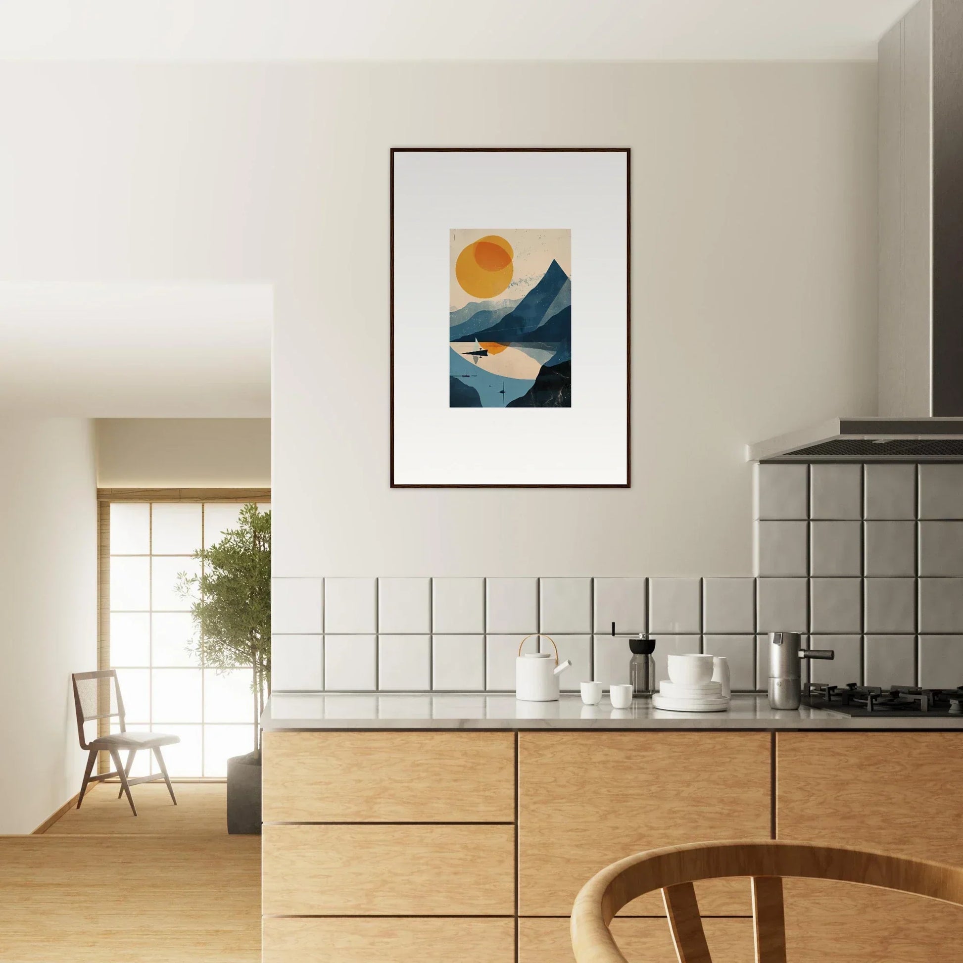 Framed wall art of sun over mountains and water, perfect for room decor