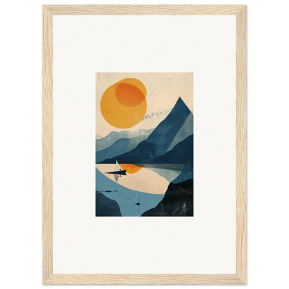 Framed abstract landscape artwork of mountains and lake for stylish room decor