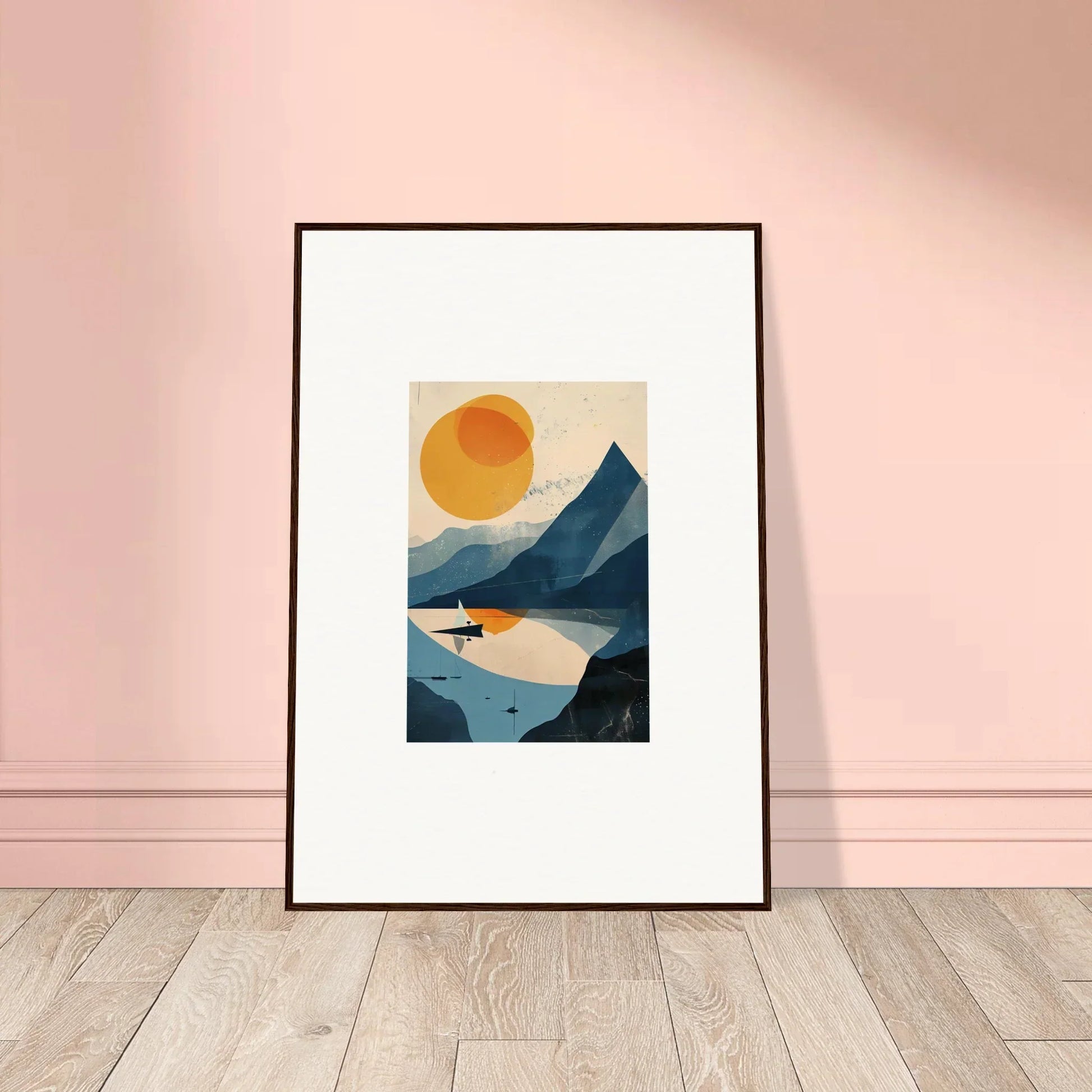 Framed wall art of a sunset landscape with mountains and lake for room decor