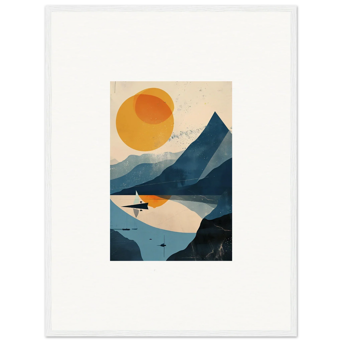 Minimalist landscape illustration of mountains, lake, and sun for room decor or framed wall art