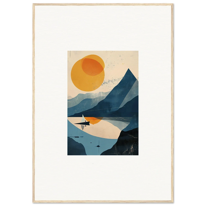 Framed wall art of a serene mountainous landscape with lake and sun for room decor