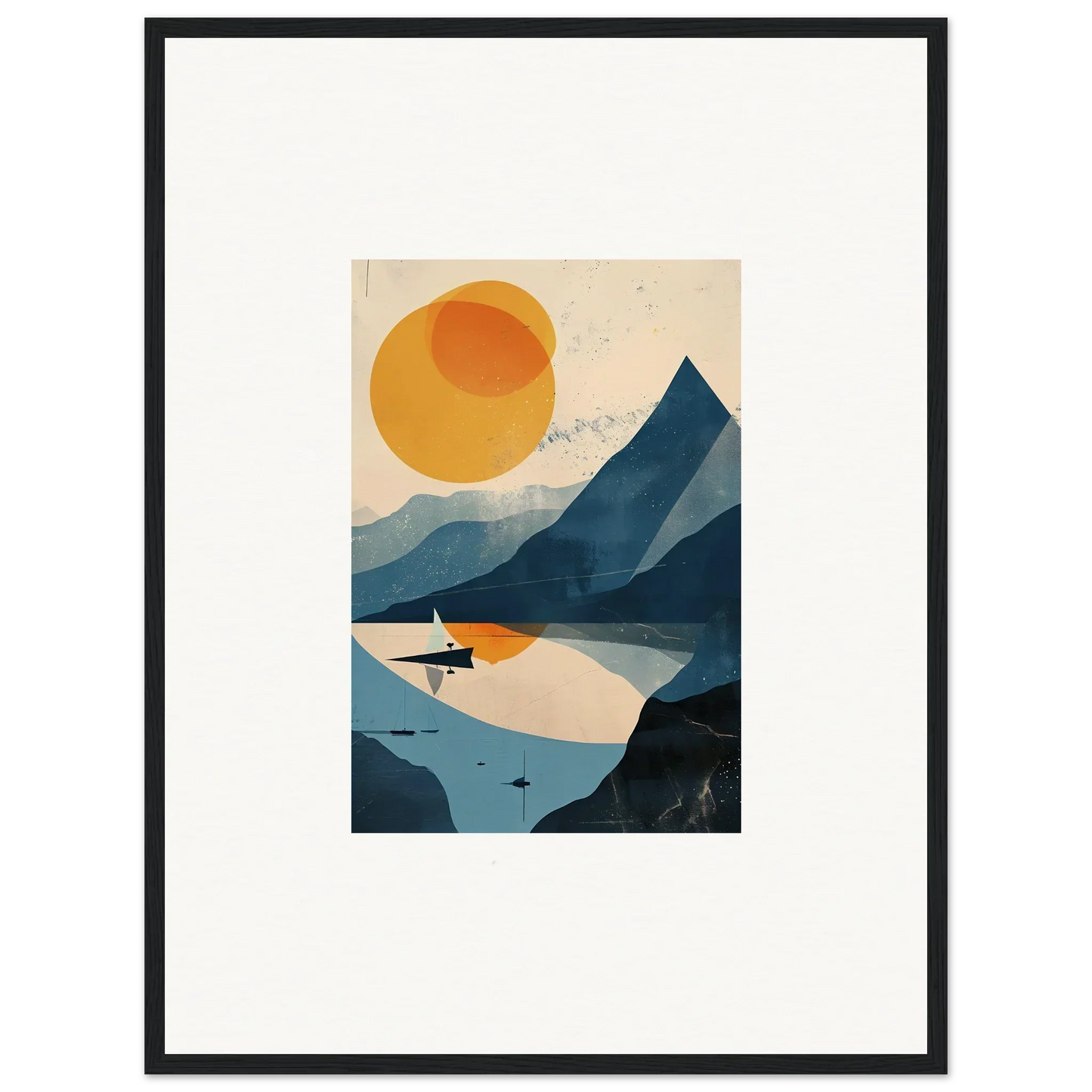 Framed wall art featuring a minimalist mountainous landscape with lake and sun for room decor