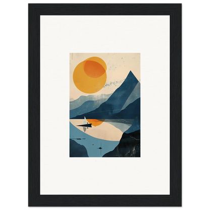 Framed minimalist landscape wall art featuring mountains, lake, and sun for room decor