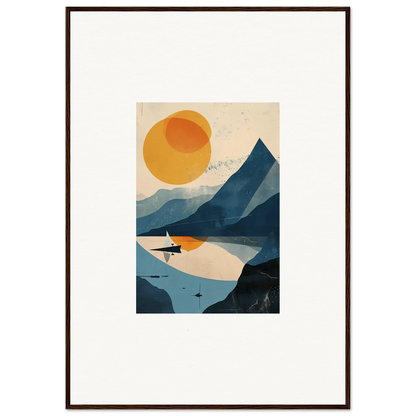 Framed wall art featuring a minimalist mountain landscape with lake and sun for room decor