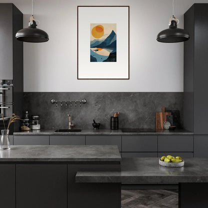 Modern dark-toned kitchen featuring minimalist abstract canvas prints for elegant room decor