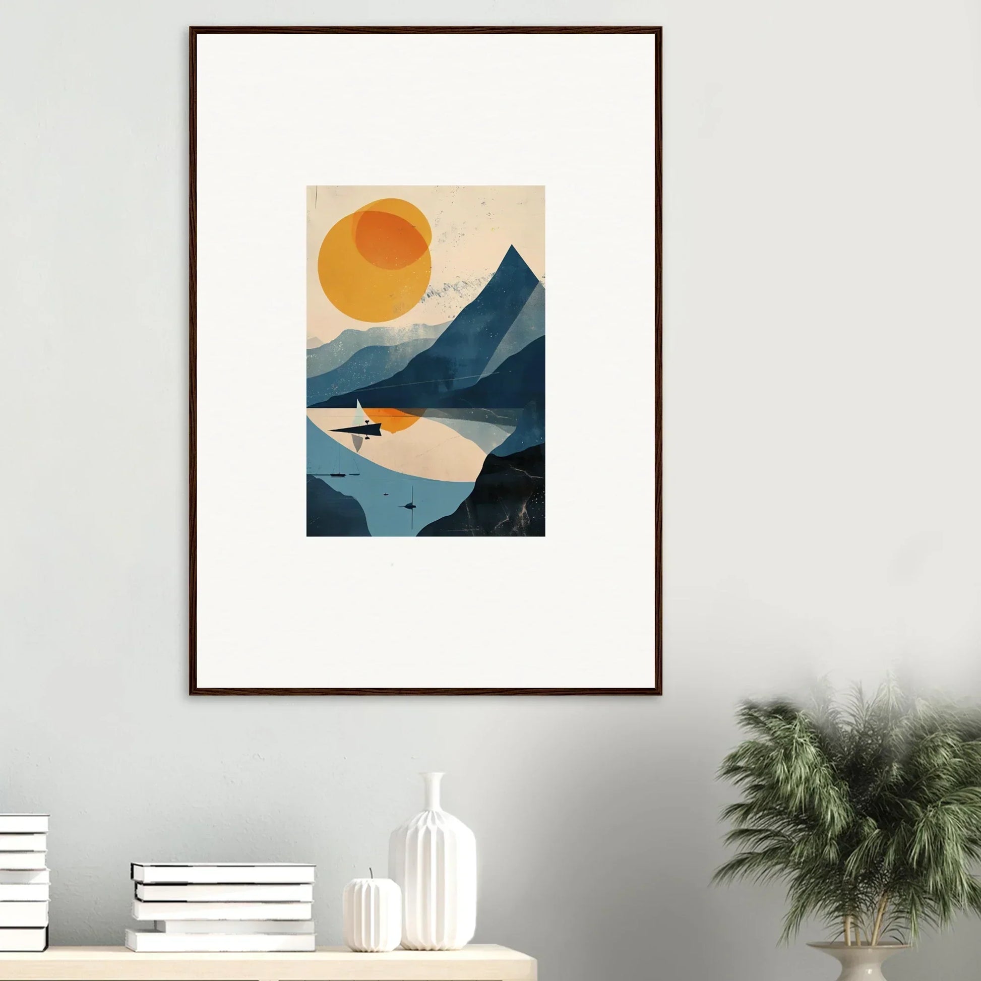 Framed wall art of a surfer in a minimalist mountainous landscape for stylish room decor