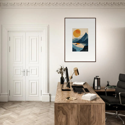 Wooden desk with typewriter and books in a minimalist workspace for stylish room decor