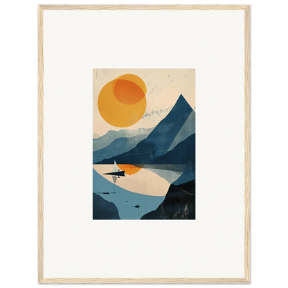 Framed wall art featuring a minimalist mountainous landscape with lake and sun for room decor