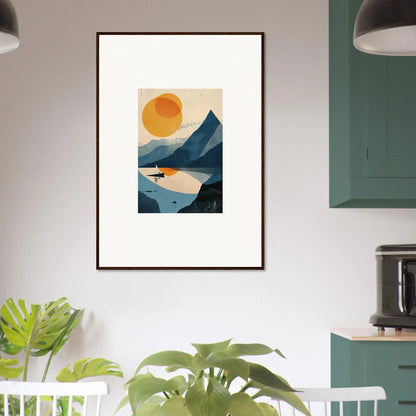 Framed wall art featuring a pastel mountainous landscape with sun and water for stylish room decor