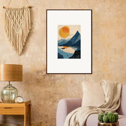 Framed minimalist landscape artwork of mountains and water for elegant room decor